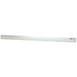 The Draper Plasterer's Featheredge, 1800 X 100mm - FE1800, is a long, white, metal ruler crafted from lightweight aluminium. It features a measurement scale and has a small red and blue label at the end. Designed with a tapered edge, it's perfect for smoothing plasterwork.