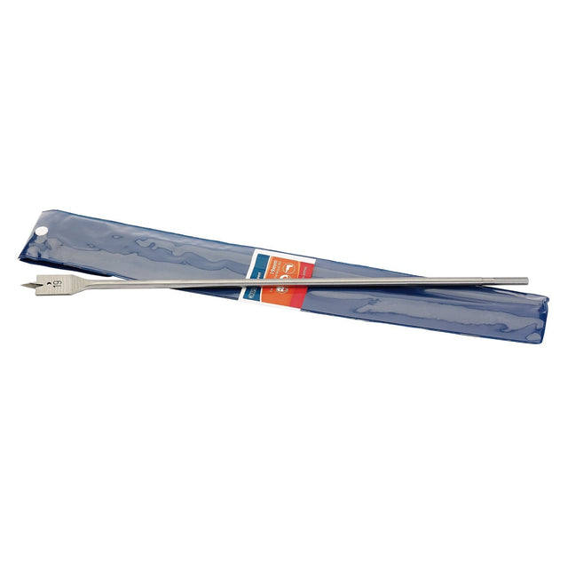 The Draper Extra Long Flat Wood Bit, 19mm - FB100AXL is a long metal drill bit with a flat spade tip, made from high carbon steel, and packaged in a blue plastic sleeve with the product label in the center. Suitable for power drills, it features a 6mm shank diameter for precise tasks.