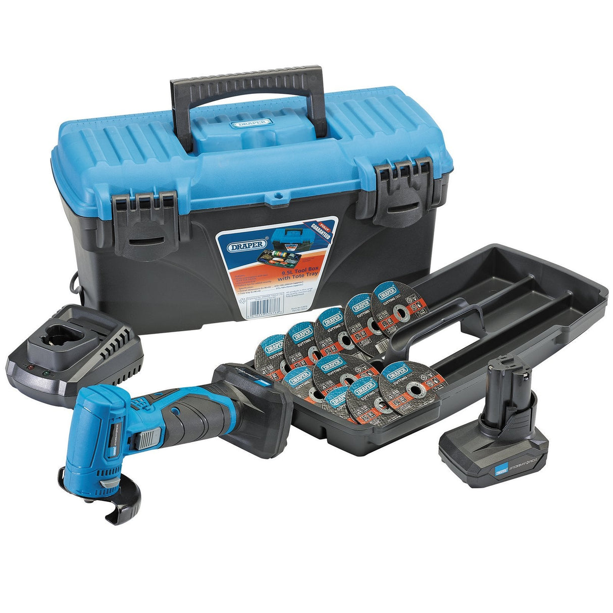 A blue and black Draper Storm Force® 10.8V Angle Grinder/Cut-Off Tool Kit - Tool Kit 2 (PTKSF10.8GCOK2) featuring a cordless angle grinder with an ergonomic soft grip handle, a 10.8V Power Interchange charger, battery, carrying case, and several grinding discs.