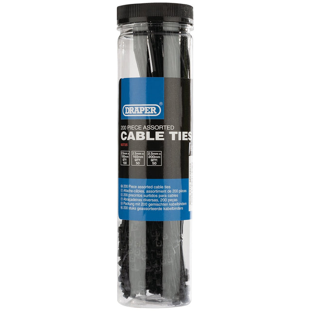A cylindrical container labeled "Draper Assorted Nylon Cable Tie Pack (200 Piece) - CTT1" holds robust black and white cable ties in varying sizes, ideal for home use.