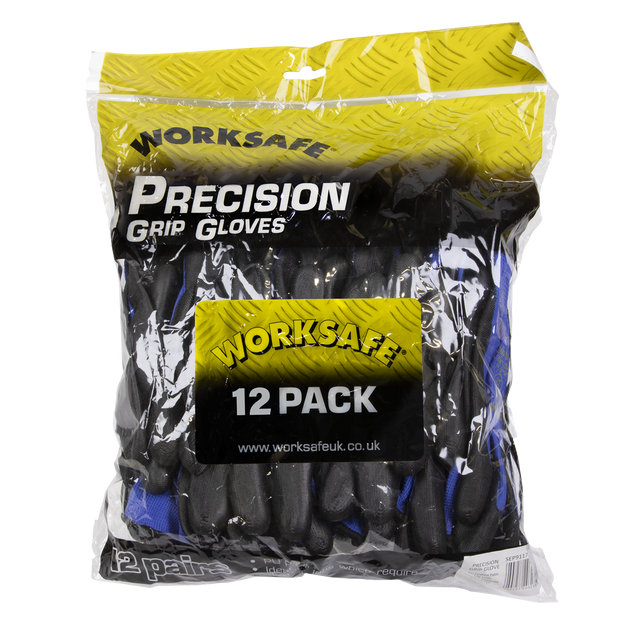 Plastic bag containing 12 pairs of Sealey Lightweight Precision Grip Gloves (X-Large) - Pack of 12 Pairs - 9117XL/12 with polyurethane coated palms. The flexible work gloves feature the WORKSAFE logo and website address www.worksafeuk.co.uk.