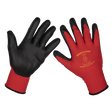 A pair of red and black Sealey Flexi Grip Nitrile Palm Gloves (X-Large), boasting superior grip and abrasion resistance, with specifications printed in yellow on the back of one glove, available in a pack of 120 pairs - 9125XL/B120.