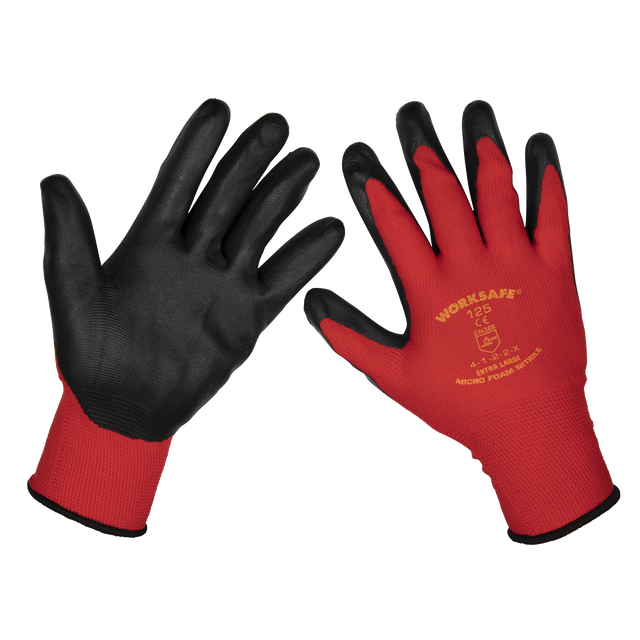 A pair of red and black Sealey Flexi Grip Nitrile Palm Gloves (X-Large), boasting superior grip and abrasion resistance, with specifications printed in yellow on the back of one glove, available in a pack of 120 pairs - 9125XL/B120.