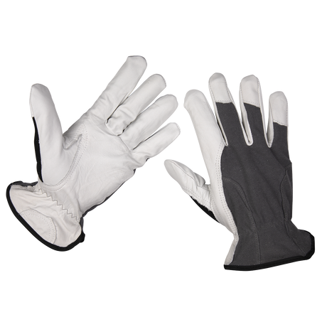The Sealey Super Cool Hide Gloves X-Large (Pair) - 9136XL feature premium white full grain cow hide palms and gray fabric on the back of the hands, complete with an adjustable wrist for a snug fit.