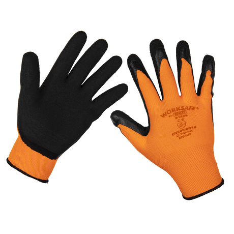 Among the pack of Sealey Foam Latex Gloves (Large) - 9140L/12, two gloves are displayed showcasing their distinct features. The back of one glove and the palm of the other are visible, revealing black palms designed for superior grip and orange backs adorned with "WORKSAFE" and essential safety details. CE Marked for added reassurance, these gloves combine durability with a lightweight design.