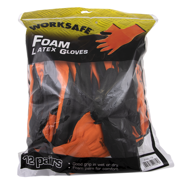 A pack of Sealey brand foam latex gloves (Large), containing 12 pairs, model number 9140L/12. The packaging highlights superior grip in wet or dry conditions, a lightweight design for ease of use, and a foam palm for comfort, ensuring these CE Marked gloves meet quality standards.