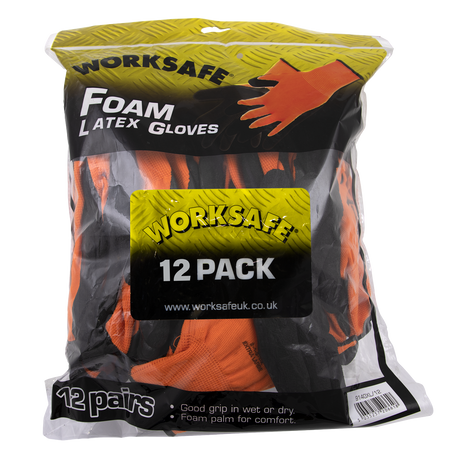 Package of Sealey Foam Latex Gloves (X-Large) - 12 pairs - 9140XL/12 in orange and black, labeled for superior grip in wet or dry conditions with a lightweight design and foam palm for added comfort.