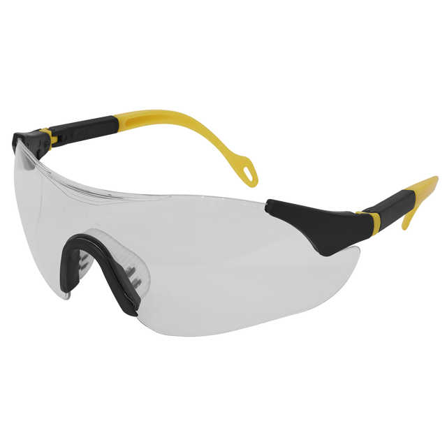 The Sealey Sports Style Clear Safety Glasses with Adjustable Arms - 9208 feature polycarbonate lenses, black and yellow adjustable arms, and a wraparound design for a close fit.