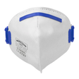 A white Fold Flat Mask FFP2 by Sealey, featuring blue straps and a visible WORKSAFE label on the front.