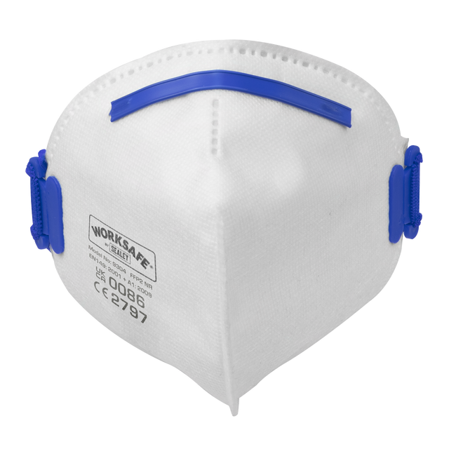 A white Fold Flat Mask FFP2 by Sealey, featuring blue straps and a visible WORKSAFE label on the front.