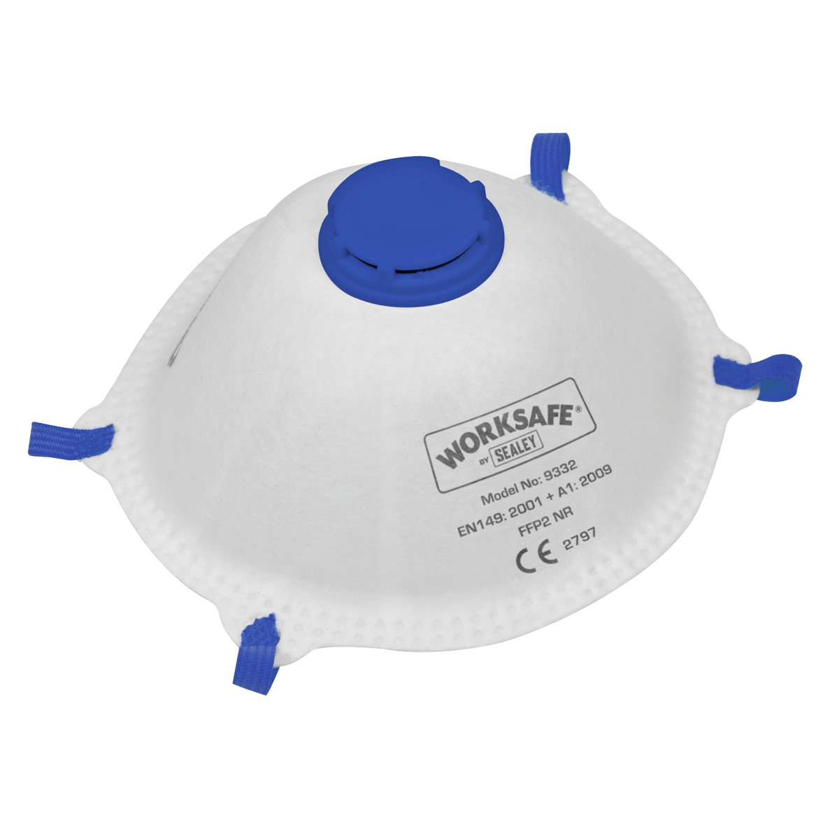 A white Sealey Cup Mask Valved FFP2 with a blue breathing vent and blue elastic straps. The FFP2 mask, model number 9332/3, has various certifications printed on it to ensure high filter efficiency.