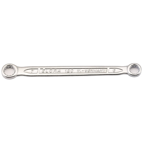 A silver double-ended box wrench, crafted from chrome vanadium steel, is engraved with "Draper Elora 120-6x7" and features two sizes, 6mm and 7mm, on either end. Adhering to DIN 837/ISO 3318 standards, it offers superior corrosion protection.