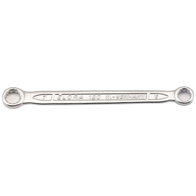 A silver double-ended box wrench, crafted from chrome vanadium steel, is engraved with "Draper Elora 120-6x7" and features two sizes, 6mm and 7mm, on either end. Adhering to DIN 837/ISO 3318 standards, it offers superior corrosion protection.