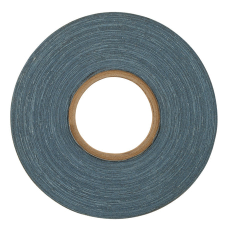 A Draper Emery Cloth Roll, model ECR2550, is displayed with a brown cardboard center. This 25mm x 50m, 120 grit roll of blue adhesive tape, tightly wound in a circular shape, is as resilient as durable emery cloth.