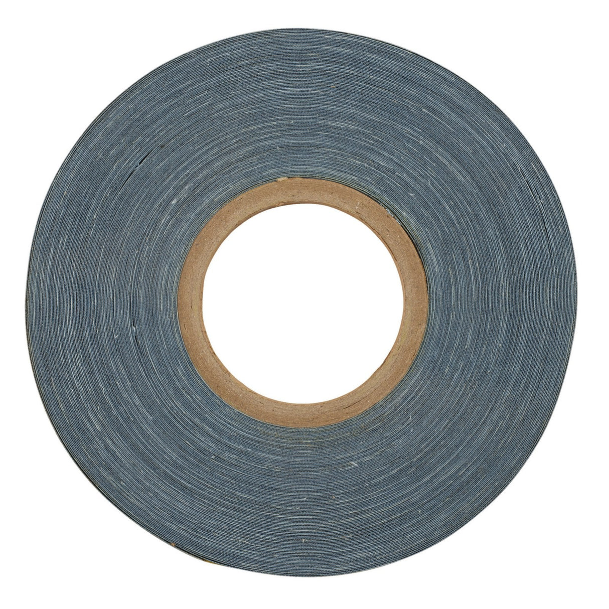 The Draper Emery Cloth Roll, 25mm x 50M, 180 Grit - ECR2550, featuring a gray adhesive tape with a cardboard core and viewable from the side showing its circular shape and layered tape, is ideal for various tasks including rust removal or pairing with 60 grit emery cloth for polishing and finishing.