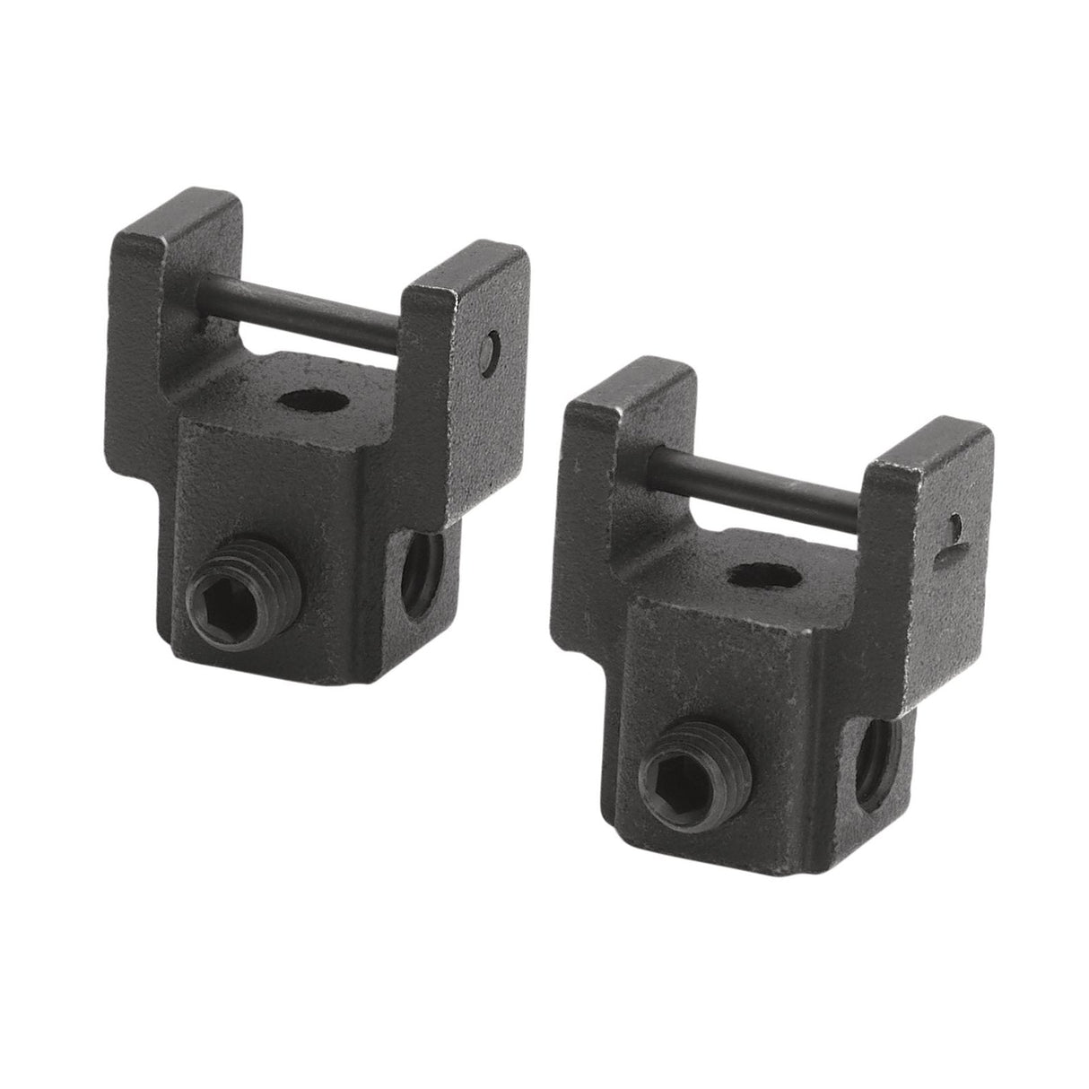 Two Draper Fretsaw-Blade Clamp Holders - BCH2 in black metal, designed for securing Scroll Saw blades, positioned upright and side by side against a white background.