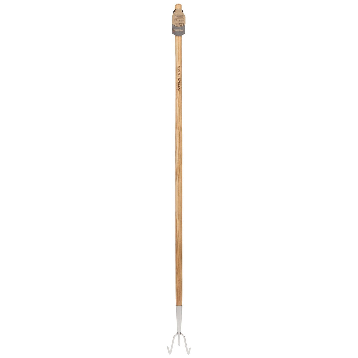 The Draper Heritage Stainless Steel 3 Prong Cultivator with an ash handle, model DGCG/L, features a long wooden handle crafted from sustainable timber and three stainless steel prongs at the end.