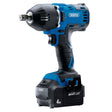 The Draper D20 20V Brushless Mid-Torque Impact Wrench, 1/2" Sq. Dr., 400Nm in blue and black comes with two powerful 4.0Ah batteries attached at the base and includes a charger.