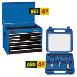 The Draper Deal Eleven Big Added Value No.1 - *HT KIT 11/20 includes a blue multi-drawer tool chest with the lid open, along with a blue plastic case containing an assortment of four pliers. Text indicating promotion: "GET 4X" and "AND 4X". Ideal for any workshop, this Draper Tools pliers set ensures you're always prepared for the job at hand.
