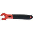 A Draper Vde Approved Fully Insulated Open End Spanner, 8mm - 8299, features a red and black design with a cushioned grip and is marked with "Draper Expert," making it ideal for an electric vehicle technician.