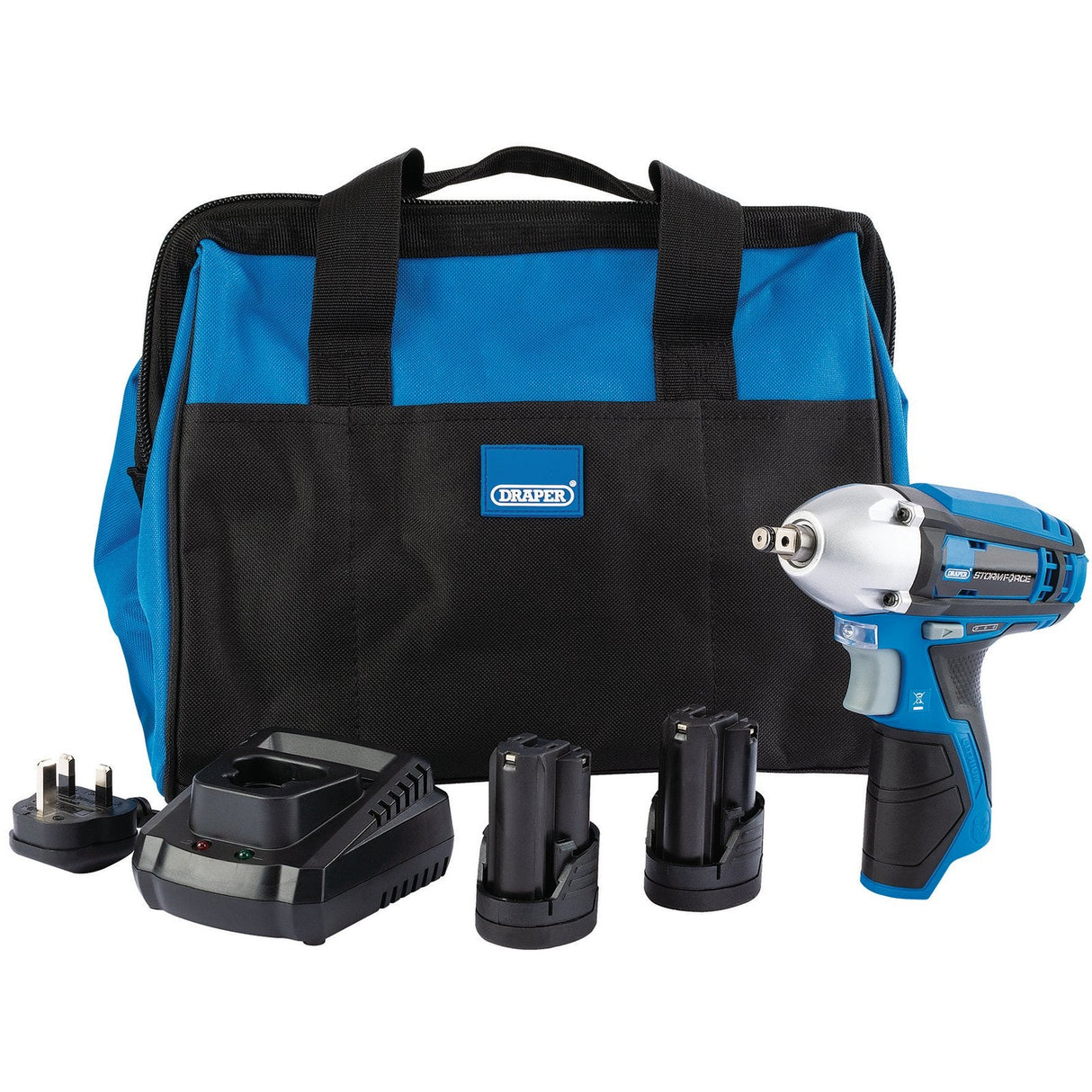 Draper Storm Force® 10.8V Power Interchange Impact Wrench Kit, 2 X 1.5Ah Batteries, 1 X Charger, 1 X Bag - PTKIWK10 - Farming Parts