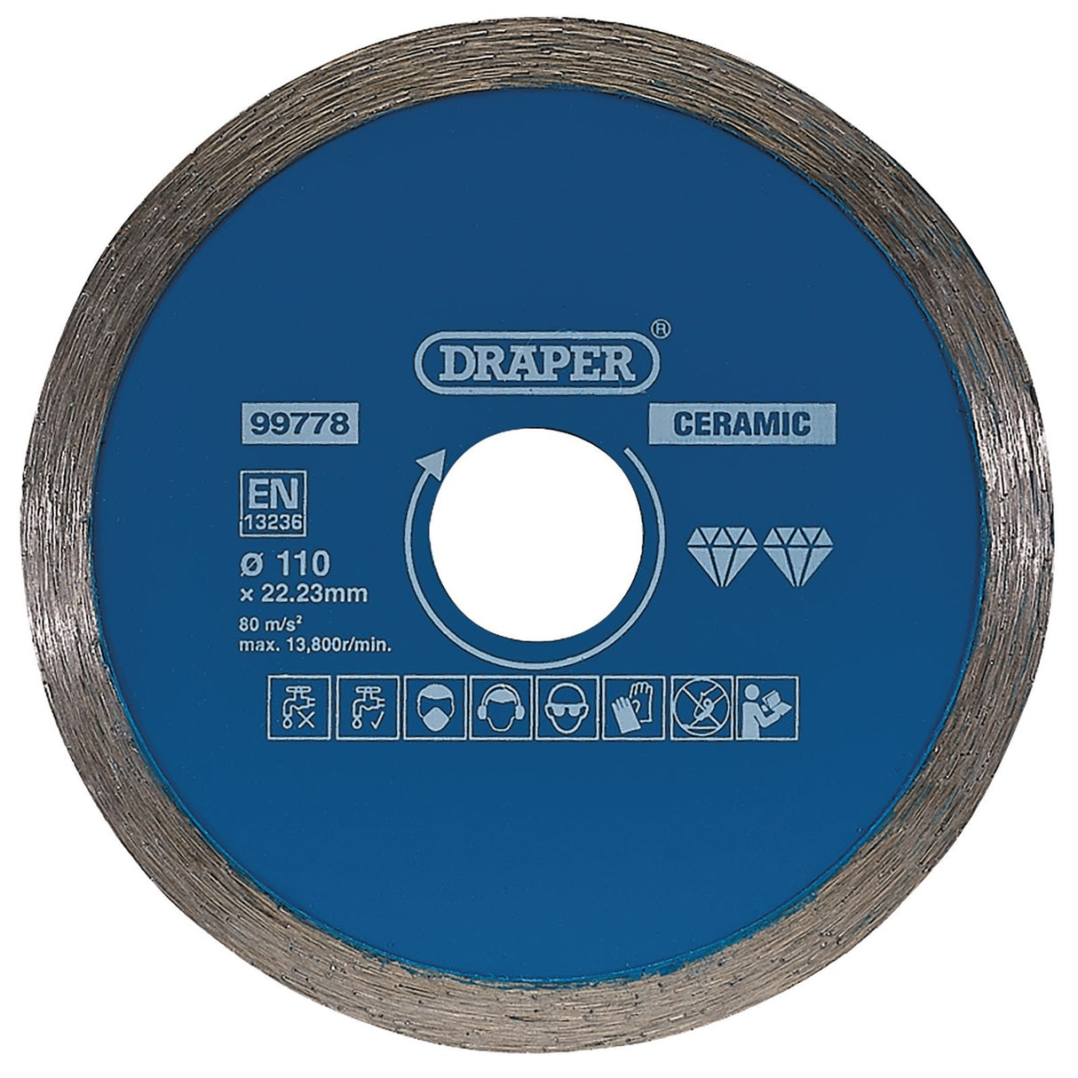 A blue circular ceramic cutting disc by Draper, identified as Draper Continuous Diamond Blade, 110mm - DBC1, with a 110mm diameter and 22.23mm bore, designed for angle grinders. It features various safety icons and specifications printed on the surface, making it ideal for cutting ceramic and natural stone tiles.