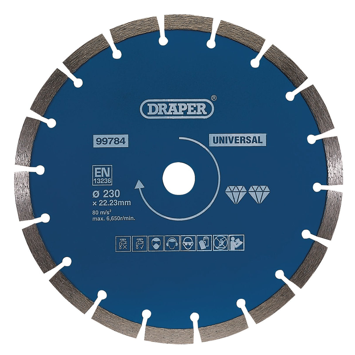 Here's a revised version of the sentence using the given product data:
A blue Draper Segmented Diamond Blade, model number "DBS3," with a diameter of 230mm and a thickness of 2.23mm, features various safety symbols, making it ideal for angle grinders.