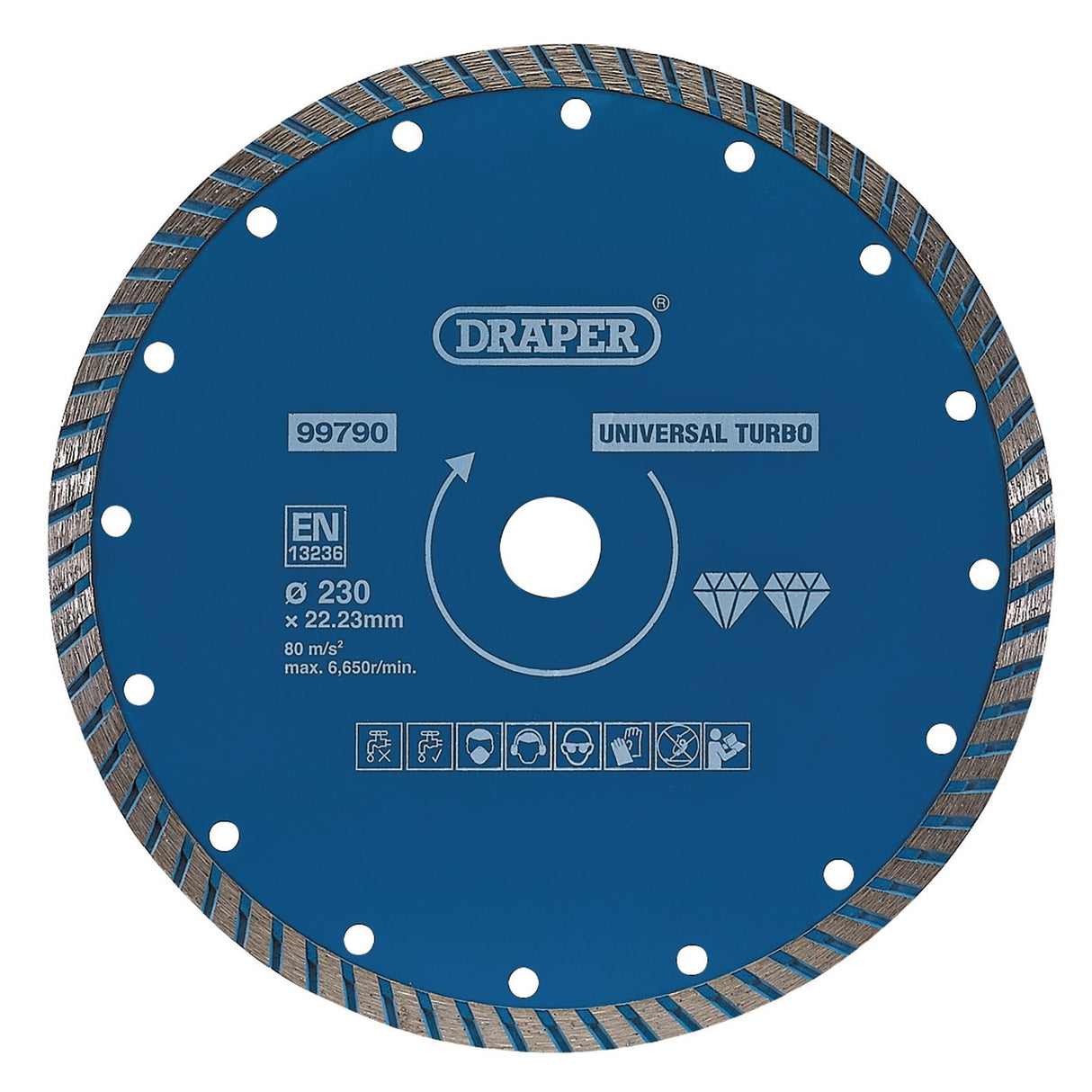 A Draper Turbo Diamond Blade, 230mm - DBT3 circular saw with serrated edges and various specifications such as diameter, bore size, and maximum speed printed on it. Perfect for cutting granite and marble.