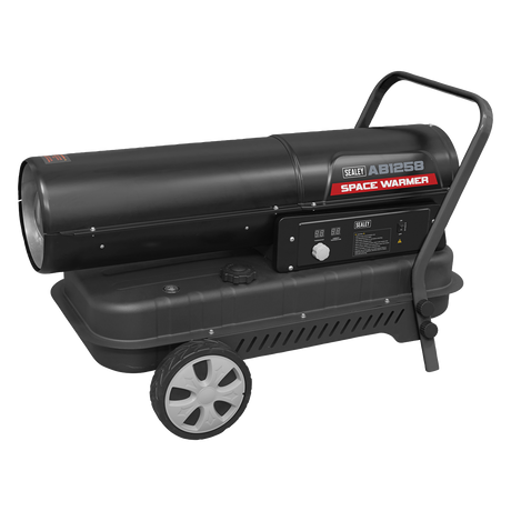 Introducing the "Sealey Space Warmer® Kerosene/Diesel Heater 135,000Btu/hr with Wheels - AB1258," a mobile industrial heater equipped with wheels and a handle for easy maneuverability. This versatile heater features control buttons and dials on the side for efficient heating performance, making it suitable for use with both diesel and kerosene.
