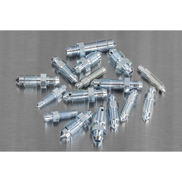 A meticulously arranged assortment of Sealey Bleed Nipple Assortment 160pc (AB160BN) metallic brake bleeder screws, featuring various sizes including metric options, displayed on a flat surface.