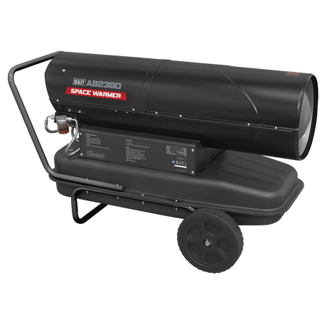 The Sealey Space Warmer® Kerosene/Diesel Heater 240,000Btu/hr with Wheels - AB2380 features a black body with a red label on the side and boasts a durable stainless steel combustion chamber.