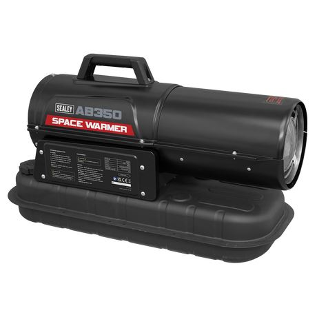 A Sealey Space Warmer® Kerosene/Diesel Heater 35,000Btu/hr AB350 in black, featuring a cylindrical body, a handle on top, and a rectangular base, positioned against a white background. This model highlights dual LED displays for easy monitoring and clean burning efficiency.