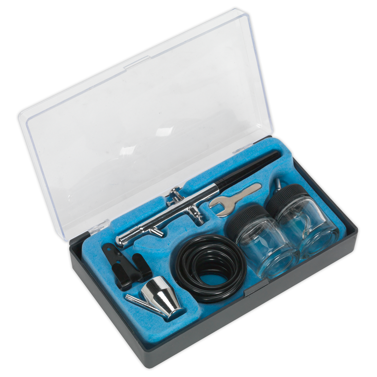 The Sealey Air Brush Kit Professional without Propellant - AB932 features a metal-bodied airbrush and comes with various components, including a 0.35mm nozzle, hose, two glass jars, wrench, and suction bottle—all neatly contained in a blue foam-lined black case with a transparent lid.