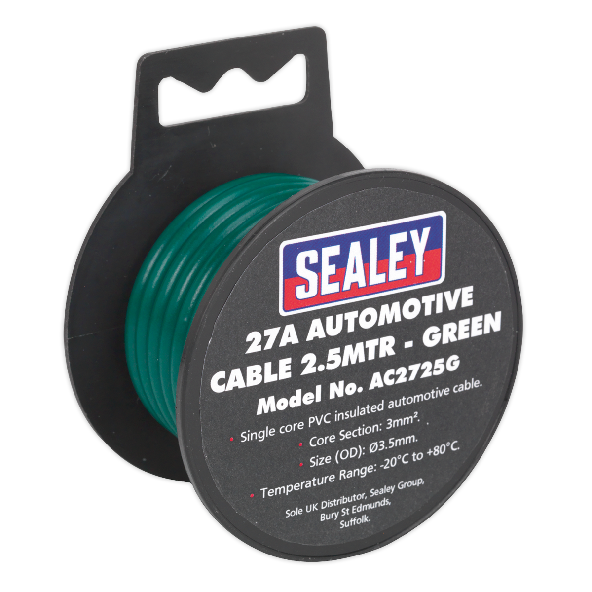 Here is a revised version of the sentence using the given product data:
A spool of Sealey Automotive Cable Thick Wall 27A, PVC coated and green. The 3mm² AC2725G cable is 2.5 meters in length, complete with specifications and distributor information on the label.