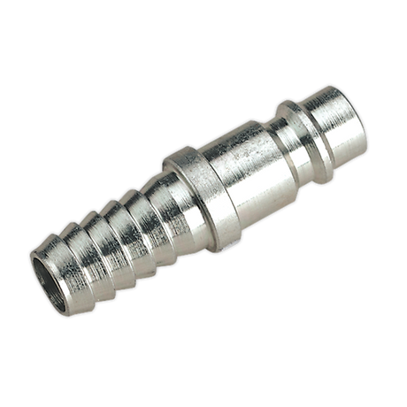 The Sealey Adaptor Tailpiece 3/8" Bore Hose Pack of 2 - AC36 features a grooved cylindrical shape designed for connecting flexible tubing to a fluid line, made of hardened steel for durability and compatibility with XF couplings.