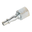 A close-up of the Sealey Screwed Adaptor Female 3/8"BSP (Pack of 5 - AC69), featuring a metallic air hose fitting with a ridged cylindrical connector and a hexagonal nut attachment, ideal for workshop use to ensure optimal airflow and seamless integration with various adaptors.