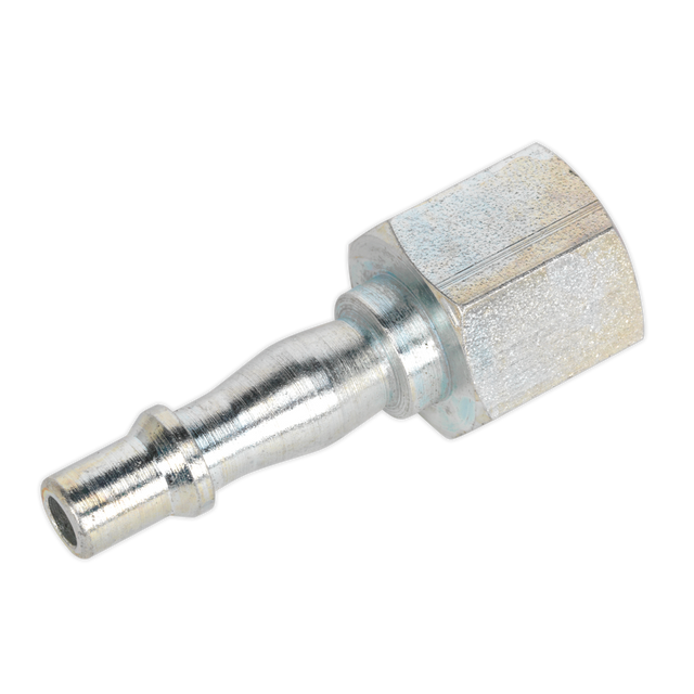 A close-up of the Sealey Screwed Adaptor Female 3/8"BSP (Pack of 5 - AC69), featuring a metallic air hose fitting with a ridged cylindrical connector and a hexagonal nut attachment, ideal for workshop use to ensure optimal airflow and seamless integration with various adaptors.