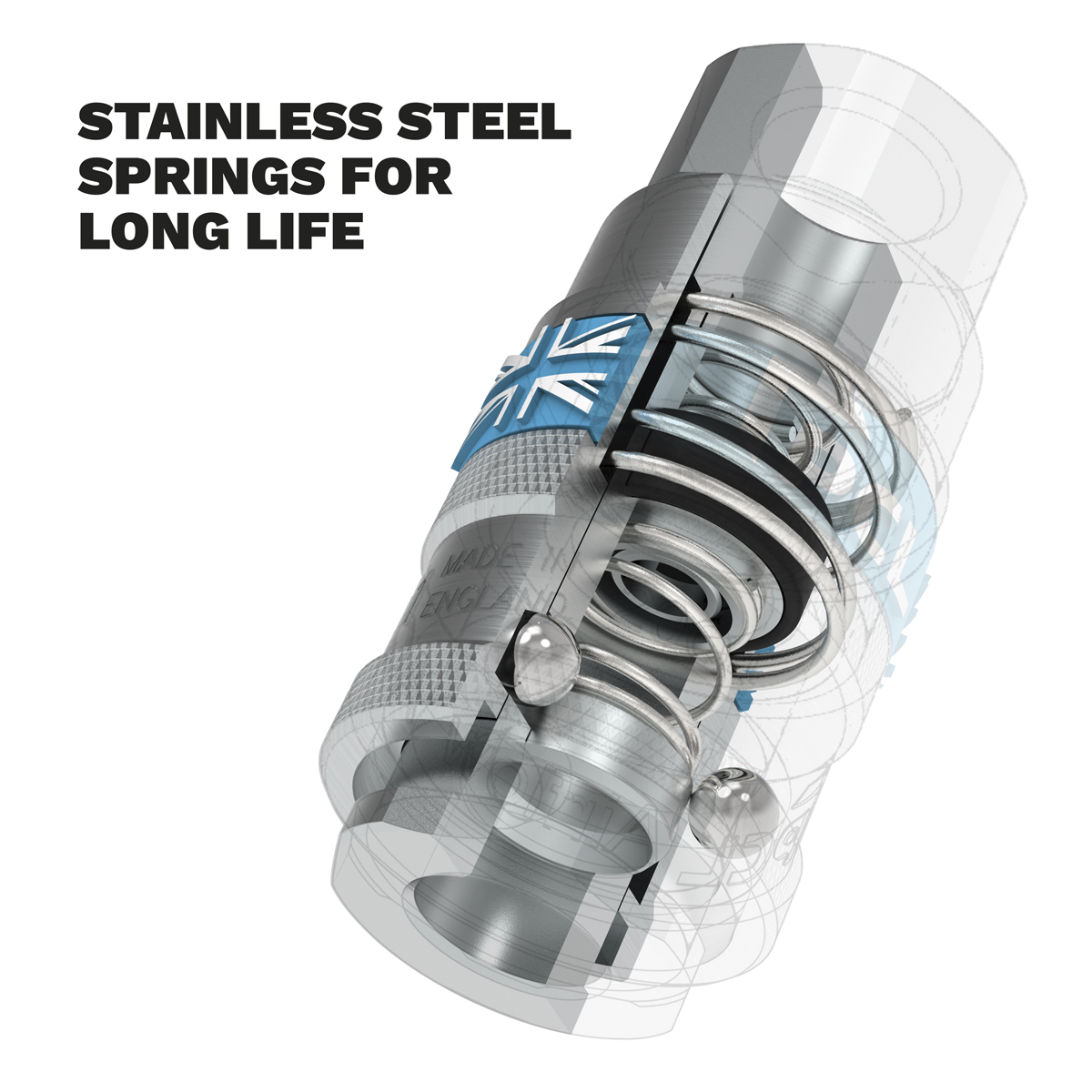 Cutaway view of a mechanical component highlighting stainless steel springs and adaptors for durability. Text reads, "Stainless steel springs for long life." Featuring the Coupling Body Female 1/4"BSP Pack of 5 - ACP13 by Sealey.