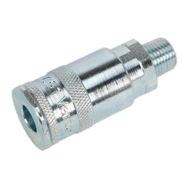 Introducing the "Sealey Coupling Body Male 1/4"BSPT Pack of 5 - ACP16," a set of metallic quick-connect couplings featuring knurled gripping and slim profile bodies for seamless attachment to hoses or pipes.