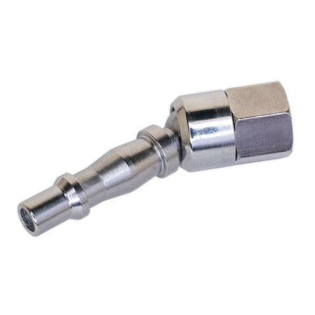 A metallic quick-connect hose fitting with a hexagonal base and a grooved cylindrical extension, featuring the Sealey Screwed Swivel Adaptor Female 1/4"BSP - ACX91 for enhanced maneuverability.