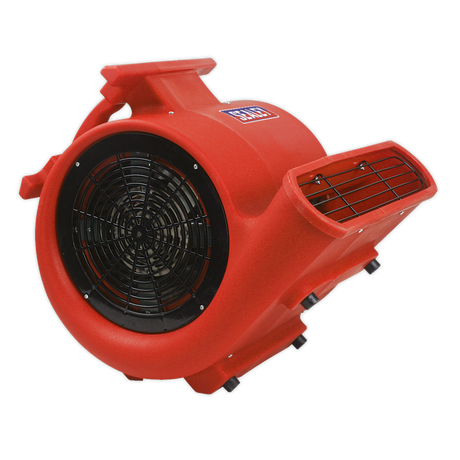 The Sealey Air Dryer/Blower 2860cfm 230V - ADB3000 is a red portable air mover with a black industrial fan, designed for drying surfaces. It features composite housing, a handle on top, and vents on the side, providing an impressive airflow of 81m³/min.