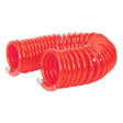 A Sealey PU Coiled Air Hose 10m x Ø8mm with 1/4"BSP Unions (AH10C/8), featuring high flow couplings and white striped connectors on both ends.