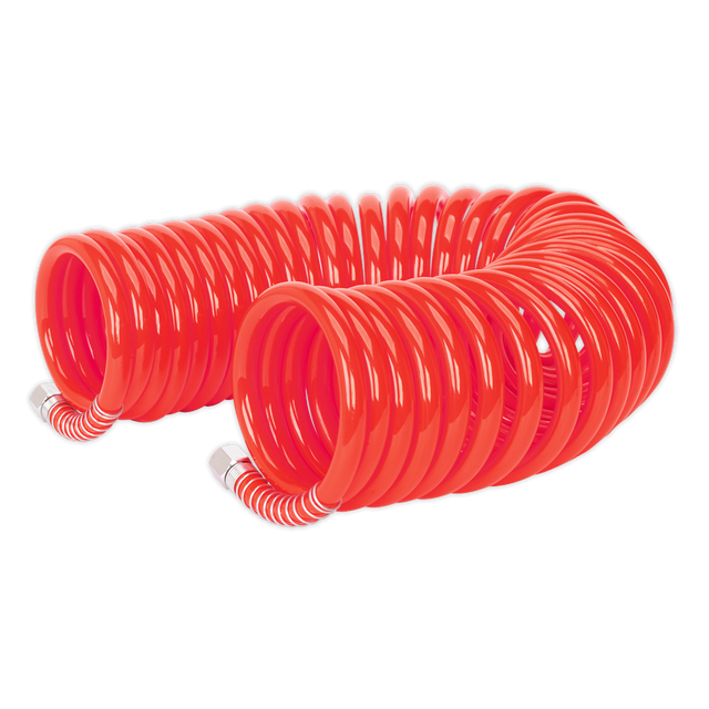 A Sealey PU Coiled Air Hose 10m x Ø8mm with 1/4"BSP Unions (AH10C/8), featuring high flow couplings and white striped connectors on both ends.