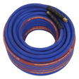 A Sealey AH30R/38 Air Hose, 30m x Ø10mm, with coiled blue and red rubber construction, black grips, brass fittings, and bend restrictors.