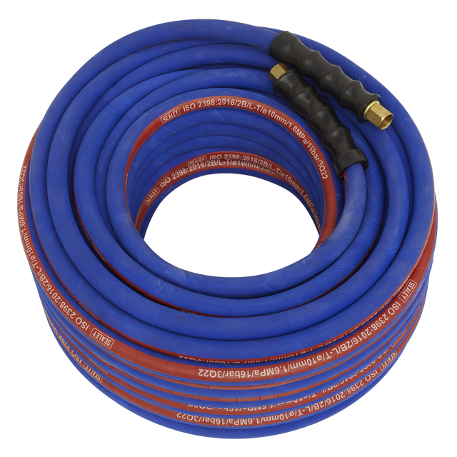 A Sealey AH30R/38 Air Hose, 30m x Ø10mm, with coiled blue and red rubber construction, black grips, brass fittings, and bend restrictors.