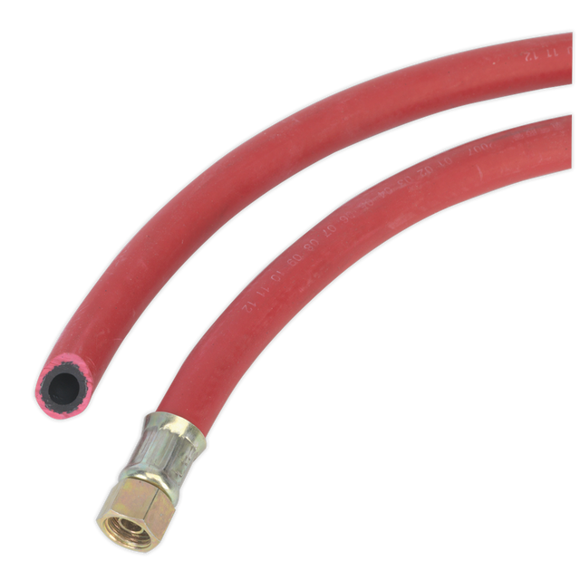 Displaying two Sealey Air Hoses, each 5 meters long and 8mm in diameter; one features a metal 1/4" BSP union fitting and the other has a plain cut end. They are perfect for garage use and fluid transfer applications.