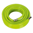 The Sealey Air Hose High-Visibility 10m x Ø10mm AHFC1038 features a bright yellow, coiled design with reinforced PVC construction and 1/4" BSP metal unions on both ends.