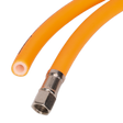 Two high-visibility yellow flexible hoses are shown. One, a Sealey Air Hose 10m x Ø10mm Hybrid High-Visibility with 1/4"BSP Unions (AHHC1038), made from a PVC and rubber blend, has a metal connector at the end, while the other is open with a view of the inner lining.