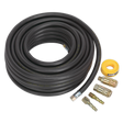 A coiled black Air Hose Kit 15m x Ø8mm with Connectors - AHK01 by Sealey, featuring metal fittings and PCL Vertex Coupling connectors, along with a yellow roll of tape, displayed against a white background.