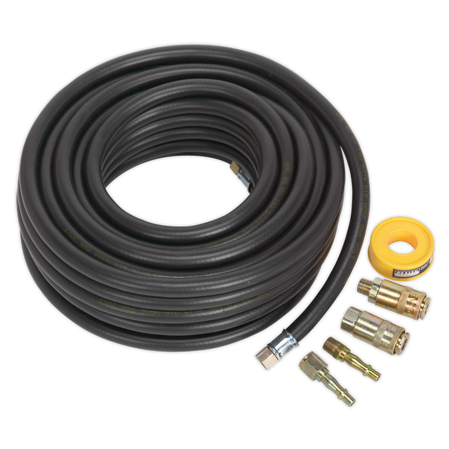 A coiled black Air Hose Kit 15m x Ø8mm with Connectors - AHK01 by Sealey, featuring metal fittings and PCL Vertex Coupling connectors, along with a yellow roll of tape, displayed against a white background.